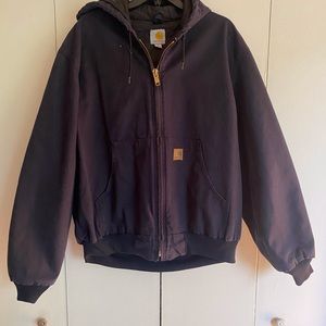 Carhartt work navy heavy-duty work coat with hood